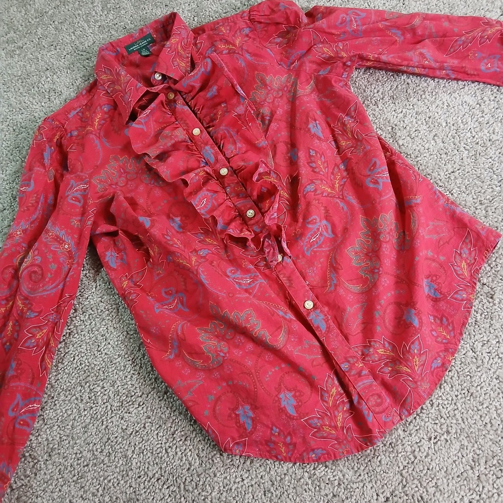 Lauren Ralph Lauren Red Paisley Ruffle Front Cotton Button Down Shirt Womens L